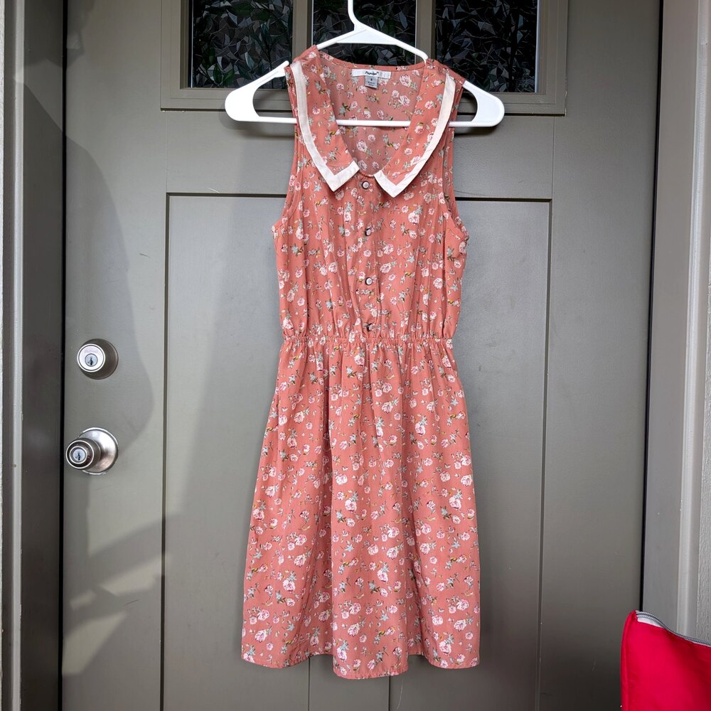 Papaya Floral Collared Sleeveless Dress Coral Pink Size S